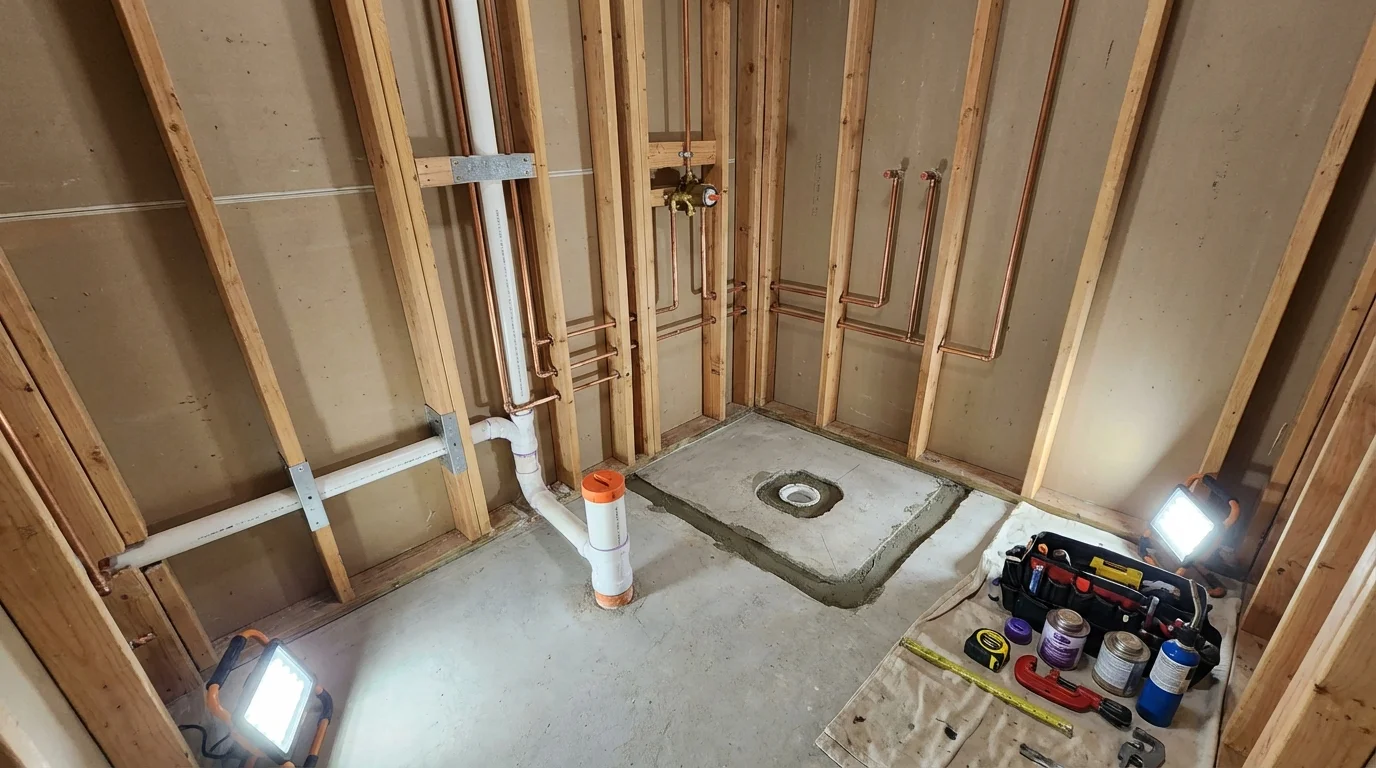 Bathroom rough-in plumbing during remodel by Johns Plumbing LLC in Sunset