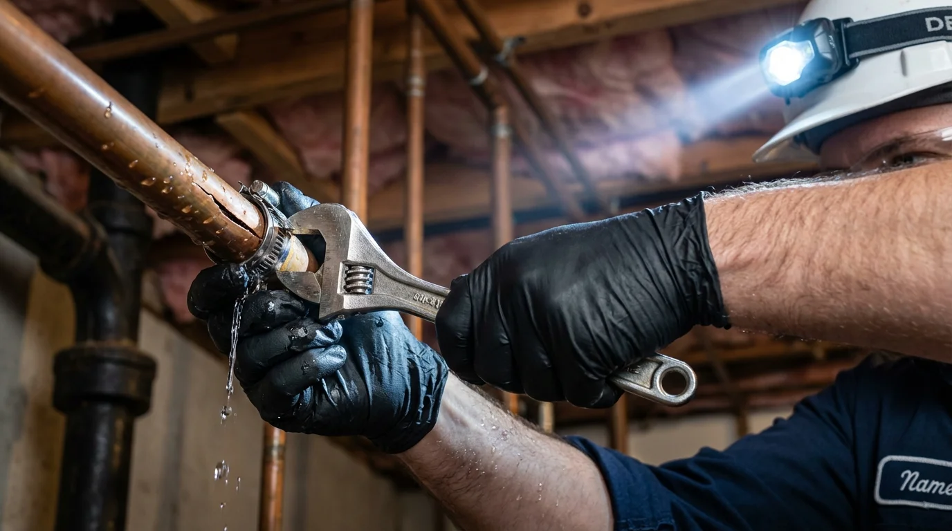Emergency pipe clamp repair being performed by a Johns Plumbing LLC plumber in Sunset