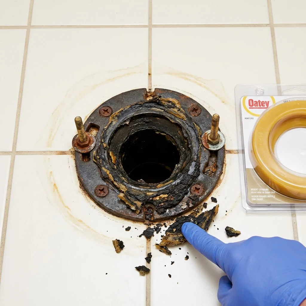 Failed wax ring showing water seepage at the base of a toilet in a Sunset, LA home