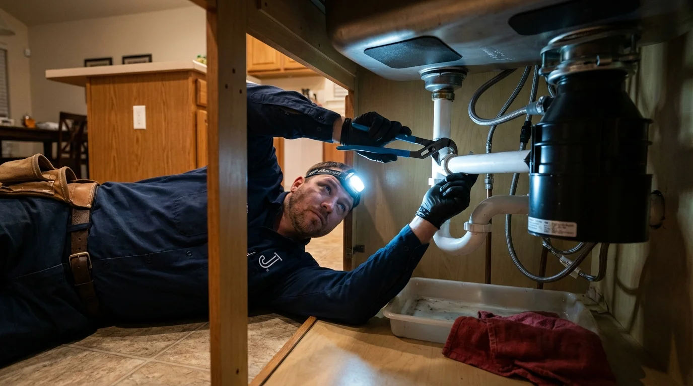 P-trap and supply line connections under a kitchen sink showing a common leak point in Sunset, LA